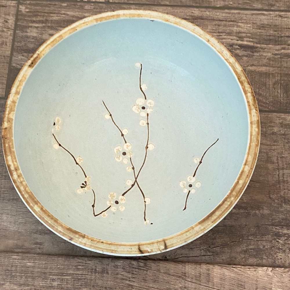 Japanese Sakura Cherry Blossoms Aqua Blue 9.25” Large Rice Bowl Signed